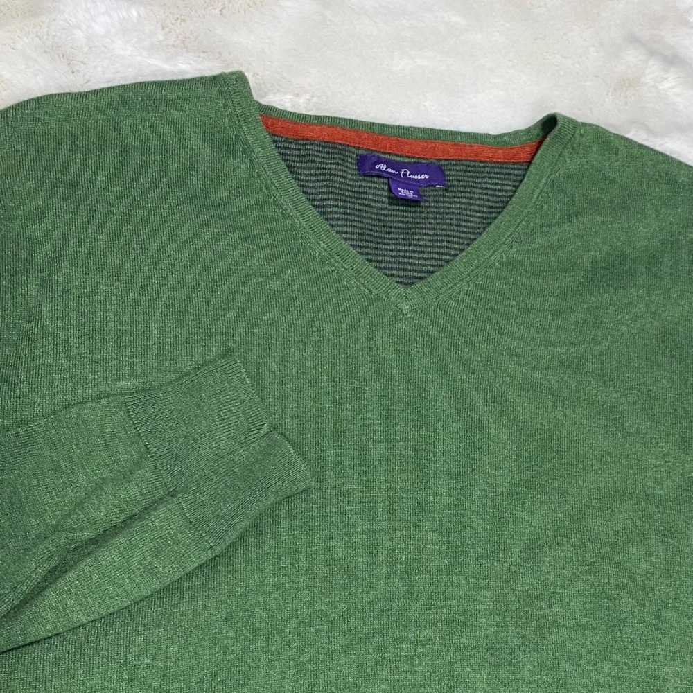 Alan Flusser Men's XL Green V-Neck Long Sleeve Sweater Cotton Wool Cashmere